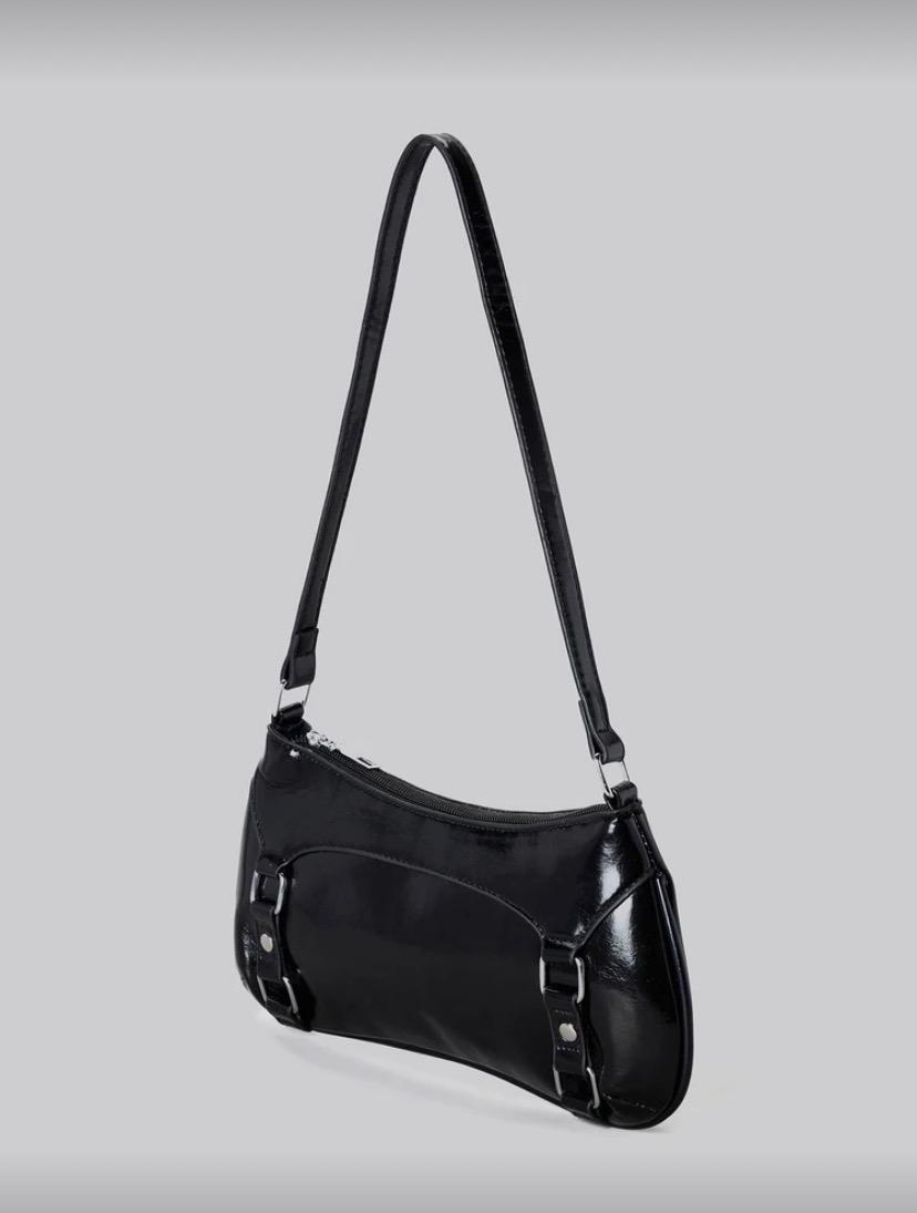 Y2K Patent PU Leather Shoulder Bag – Black Glossy Baguette