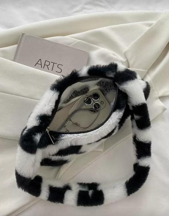 Fuzzy Plush Cow Pattern Fluffy Bag – Autumn/Winter Soft Purse
