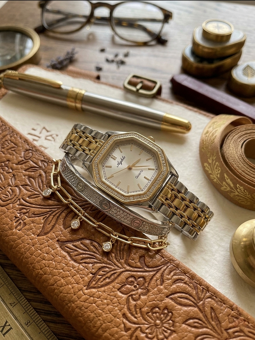 Two-Tone Polygonal Quartz Watch for Women – Elegant & Exquisite Design