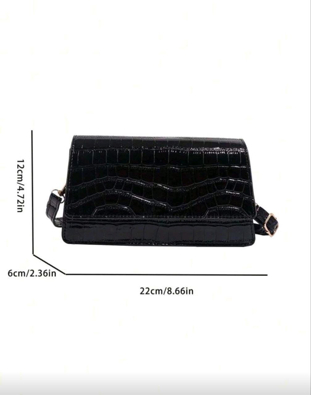 Black Crocodile Embossed Baguette Shoulder Bag – Shiny Statement Handbag for Women