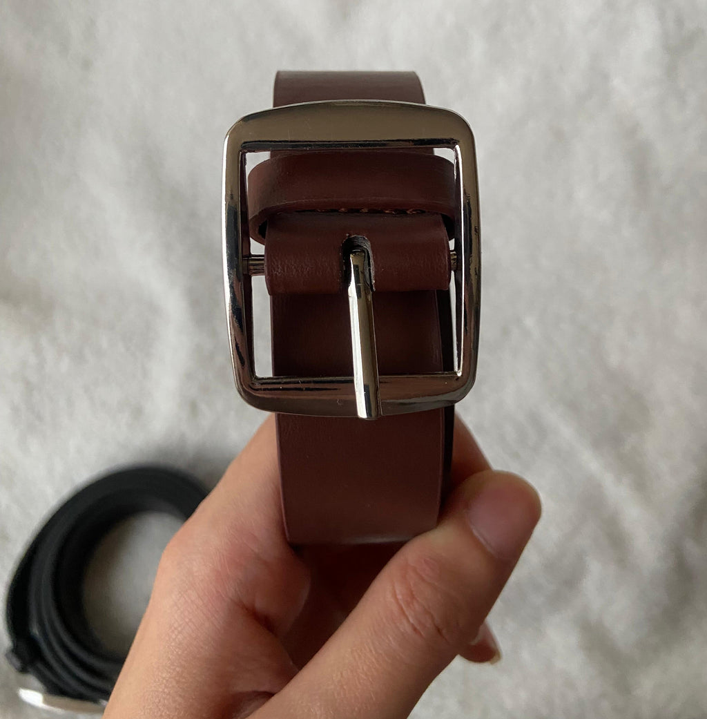 Women’s Leather Belt – Square Silver Buckle (Black & Brown)