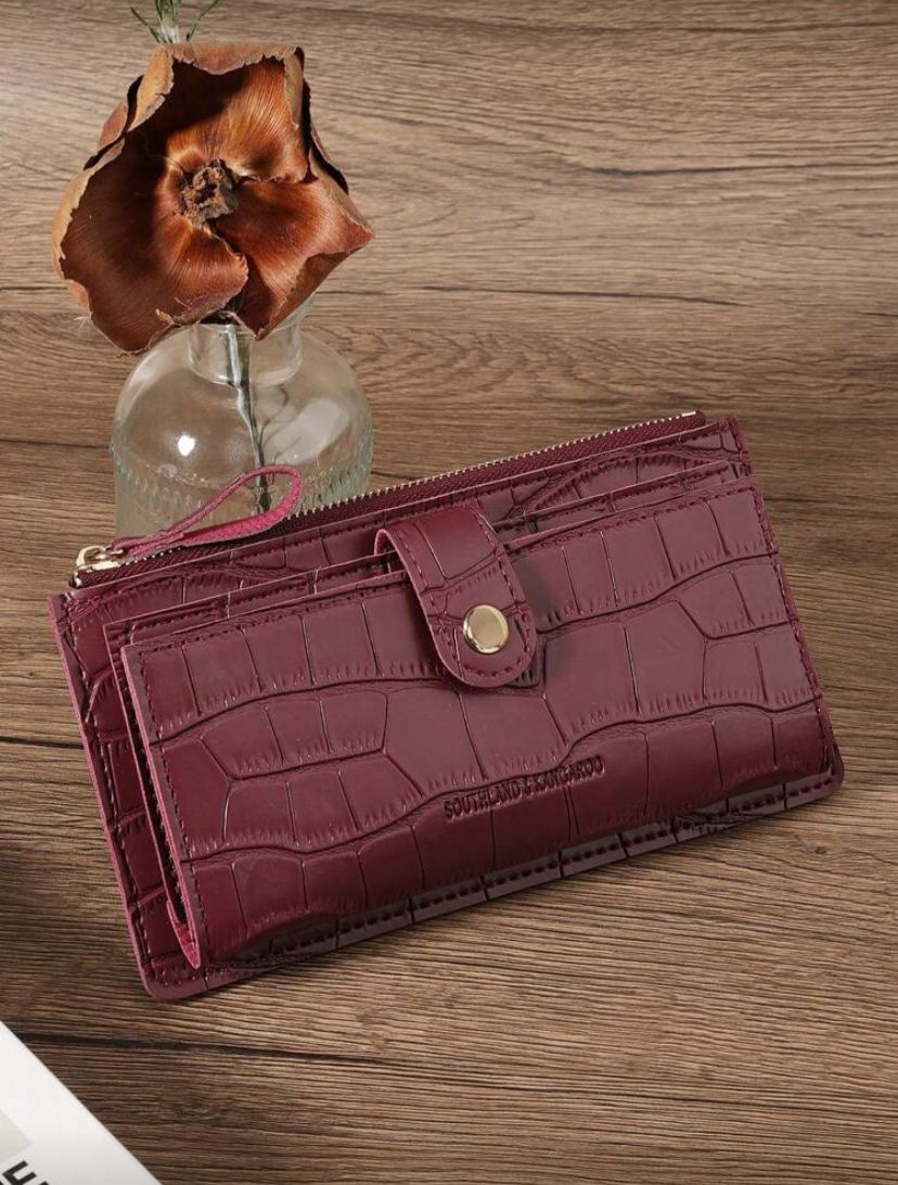 Burgundy Crocodile Embossed Long Wallet – Fold Over Zipper Card & Cash Organizer for Women