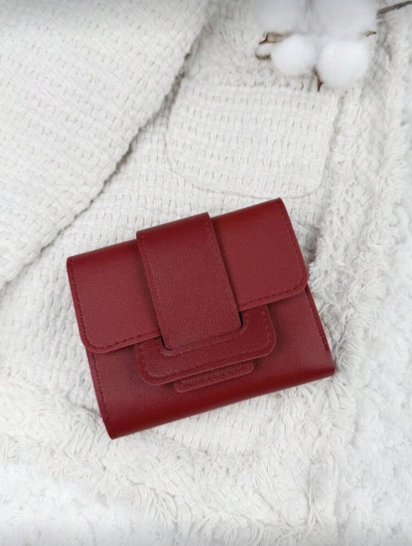 PU Triple Fold Flap Wallet – Small Portable Card & Photo Holder for Women (Red / Burgundy)