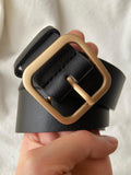 Black PU Leather Wide Belt with Gold Square Buckle – 100cm