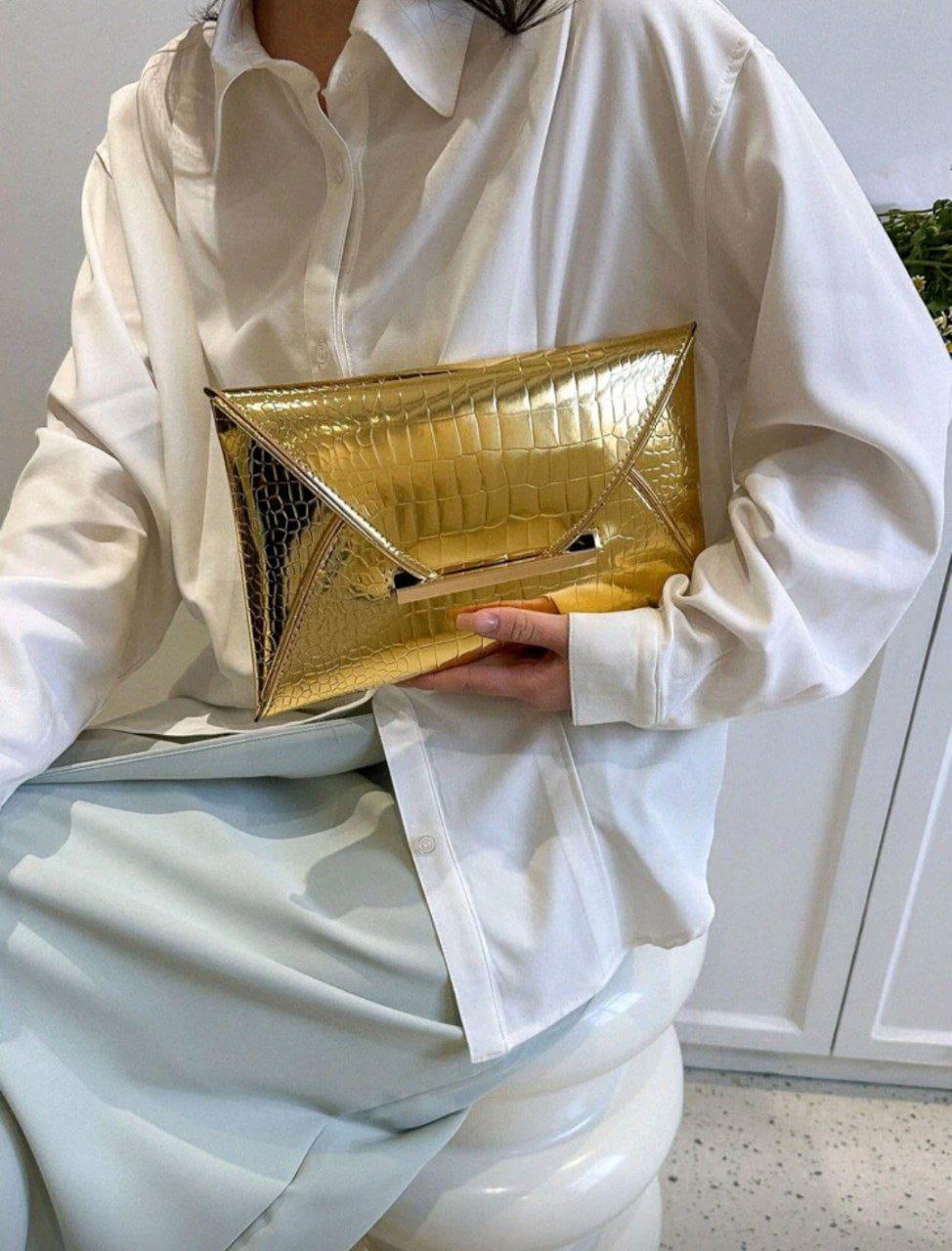 Elegant Crocodile & Marble Pattern Envelope Clutch – Black & Gold