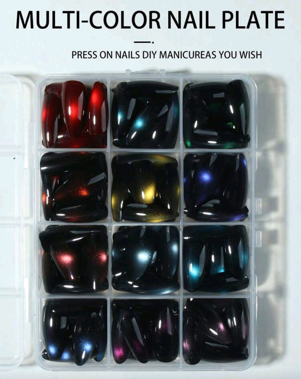 24PCS Y2K Almond Glossy Cat Eye Press-On Nails – 12 Colors